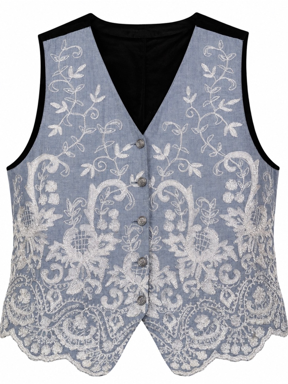 Ashley Hill vintage Blue Embroidered Button-Front Vest with Black Trim
